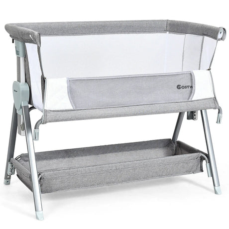 Portable Baby Crib with Adjustable Height and Wheels-Grey