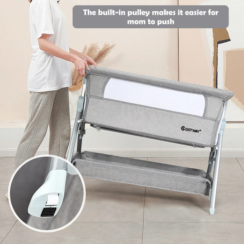 Portable Baby Crib with Adjustable Height and Wheels-Grey