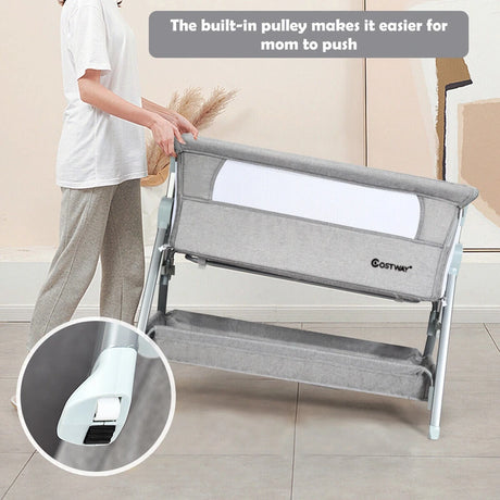 Portable Baby Crib with Adjustable Height and Wheels-Grey