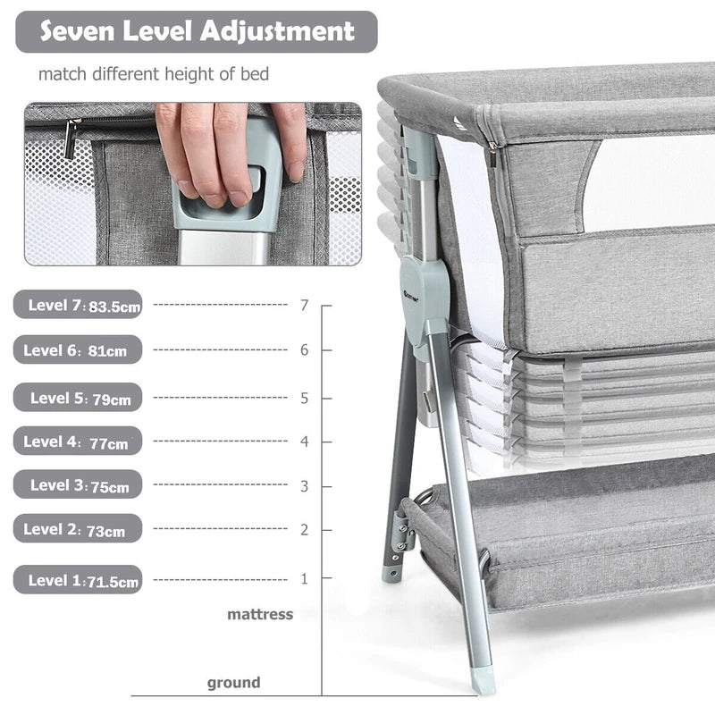 Portable Baby Crib with Adjustable Height and Wheels-Grey