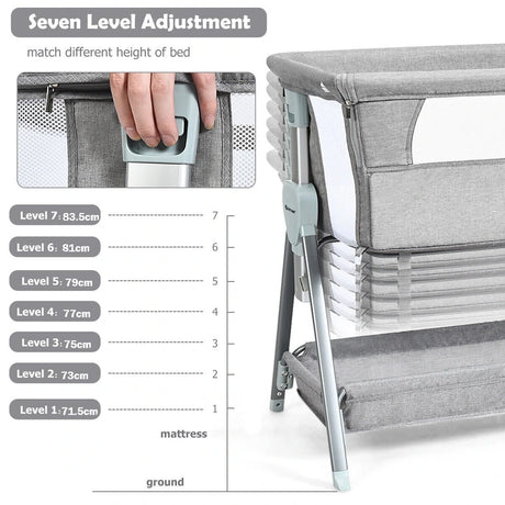 Portable Baby Crib with Adjustable Height and Wheels-Grey