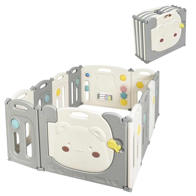 16-Panel Foldable Baby Playpen with Safety Lock and Non-slip Foot Mats