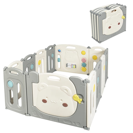 16-Panel Foldable Baby Playpen with Safety Lock and Non-slip Foot Mats