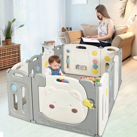 16-Panel Foldable Baby Playpen with Safety Lock and Non-slip Foot Mats
