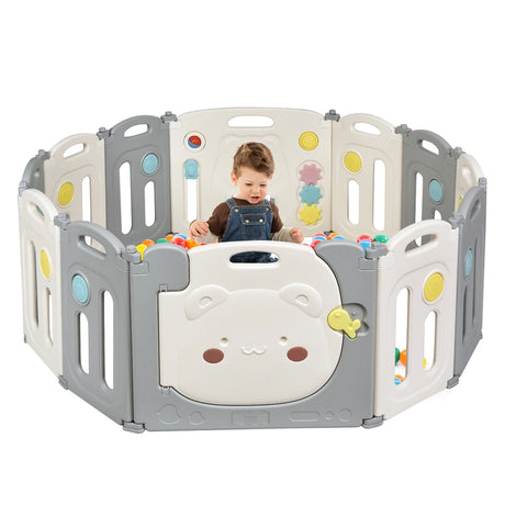 16-Panel Foldable Baby Playpen with Safety Lock and Non-slip Foot Mats