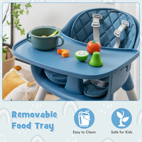 convertible Baby High Chair with 2-Position Removable Tray-Blue
