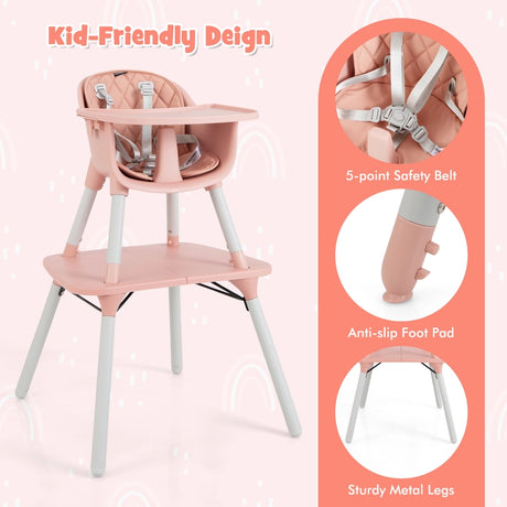 convertible Baby High Chair with 2-Position Removable Tray-Pink