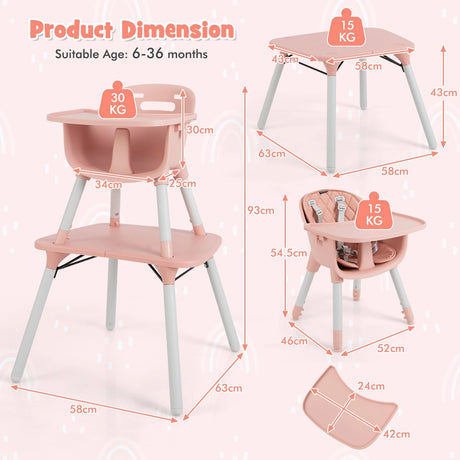 convertible Baby High Chair with 2-Position Removable Tray-Pink
