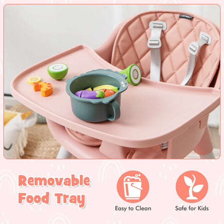 convertible Baby High Chair with 2-Position Removable Tray-Pink