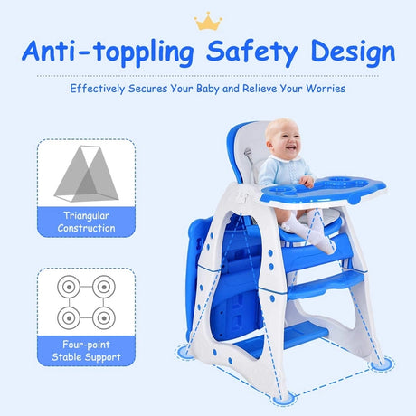 Convertible Baby High Chair with 5 Point Harness and Adjustable Feeding Tray-Blue