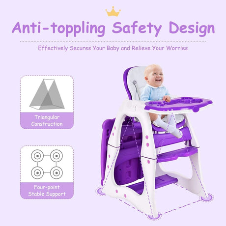 Convertible Baby High Chair with 5 Point Harness and Adjustable Feeding Tray-Purple