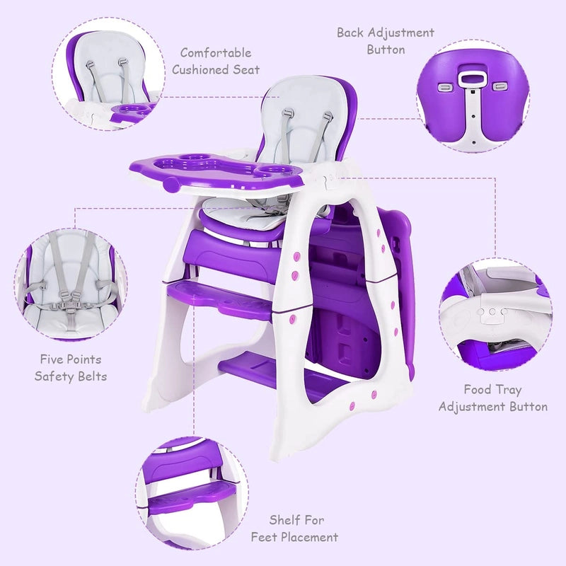 Convertible Baby High Chair with 5 Point Harness and Adjustable Feeding Tray-Purple