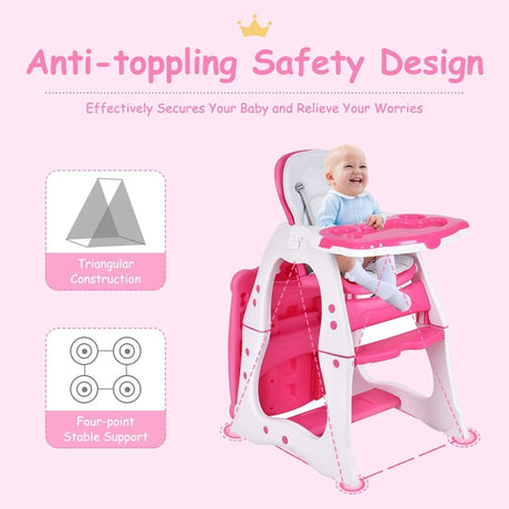 Convertible Baby High Chair with 5 Point Harness and Adjustable Feeding Tray-Red