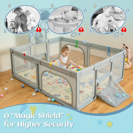 Large Baby Playpen with Mat and Ocean balls-Light Grey