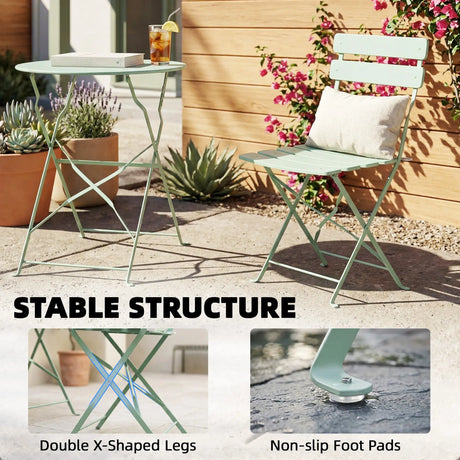 Outsunny Folding Garden Bistro Set, Outdoor Round Bistro Table and Chairs Set 2 with Electrophoresis Metal Frame, Light Green