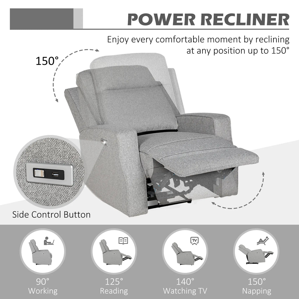 HOMCOM 150 Electric Reclining Chair, with USB port and Footrest - Grey