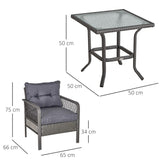 Outsunny 3 Pieces Rattan Bistro Set, Wicker Garden Furniture Set with Glass Top Coffee Table and Chairs, Thickened Cushions for Outdoor, Patio, Balcony, Grey