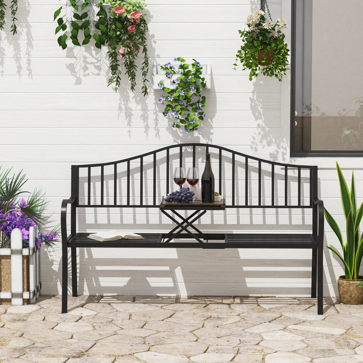 Outsunny Metal Bench W/Table,  150Lx53Wx95H cm