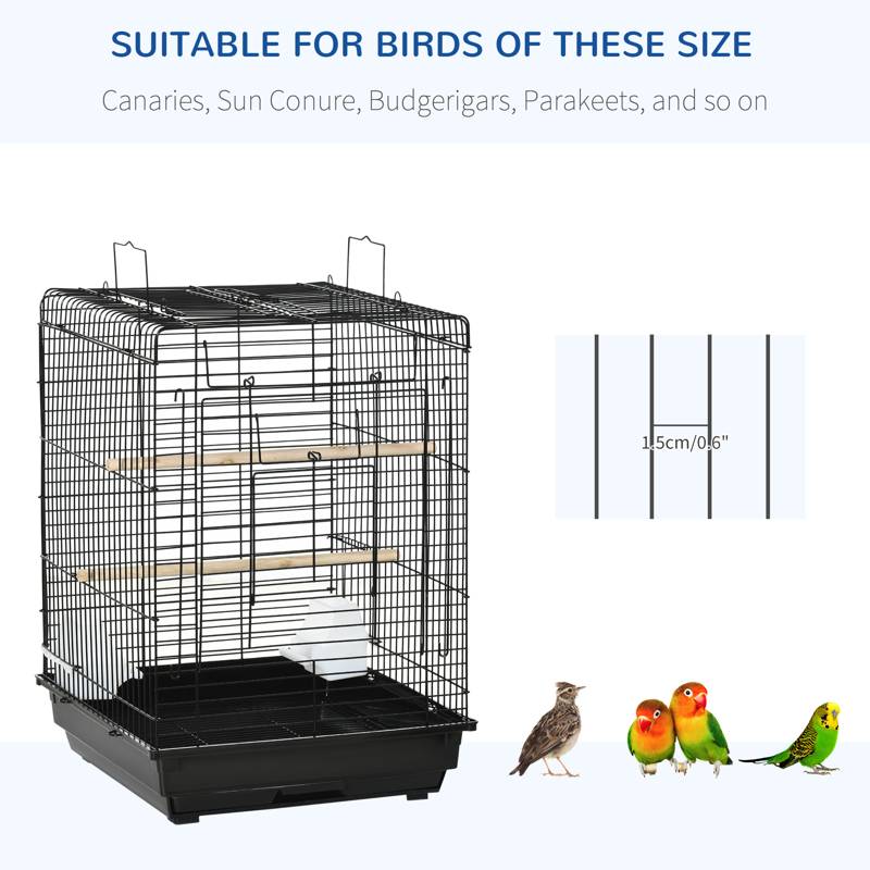 PawHut Steel Bird Cage with Openable Top, Stand, Tray, Handles, Feeding Bowls for Parakeet, Finch - Black