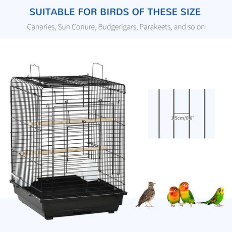 PawHut Steel Bird Cage with Openable Top, Stand, Tray, Handles, Feeding Bowls for Parakeet, Finch - Black