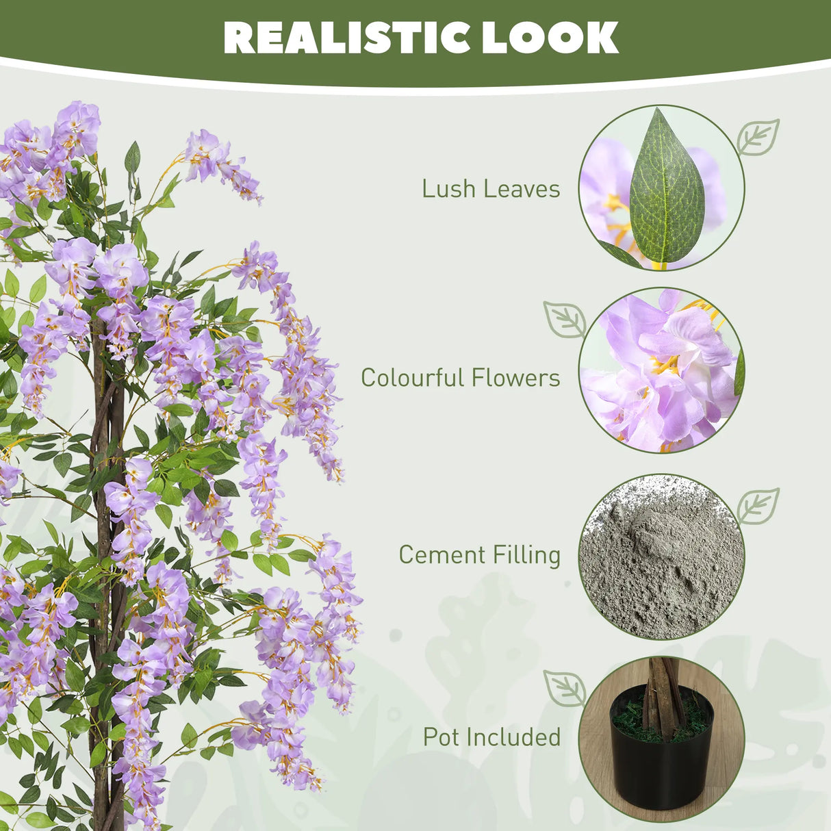HOMCOM 180cm Ficus Artificial Tree, Fake Wisteria Tree in Nursery Pot, Indoor Greenery Tall Faux Floor Plant for Living Room Office Decor, Purple