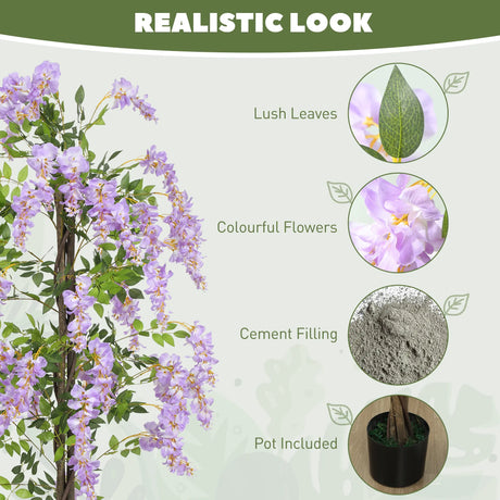 HOMCOM 180cm Ficus Artificial Tree, Fake Wisteria Tree in Nursery Pot, Indoor Greenery Tall Faux Floor Plant for Living Room Office Decor, Purple