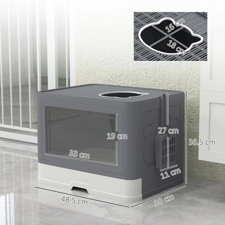 PawHut Enclosed Cat Litter Box with lid, Front Entry, Top Exit, Drawer, Tray, Scoop, Brush, 48.5 x 38 x 36.5cm - Grey