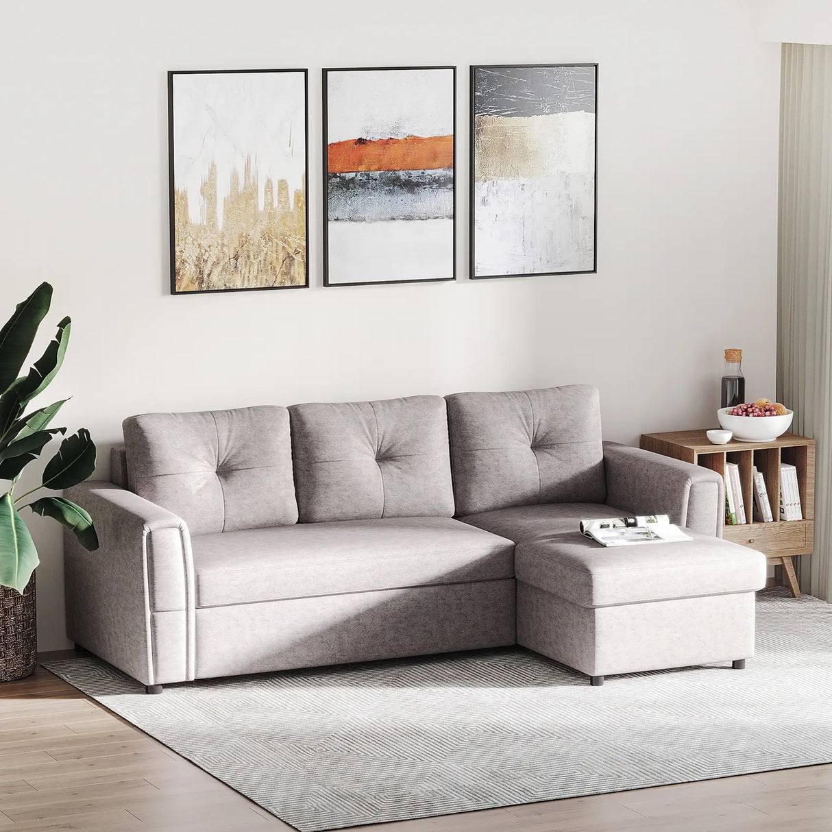 HOMCOM 3 Seater Sofa Bed, L Shaped Pull Out Sofa Bed with Storage, Convertible Click Clack Settee Sectional Sleeper Futon for Living Room, Office, Light Grey
