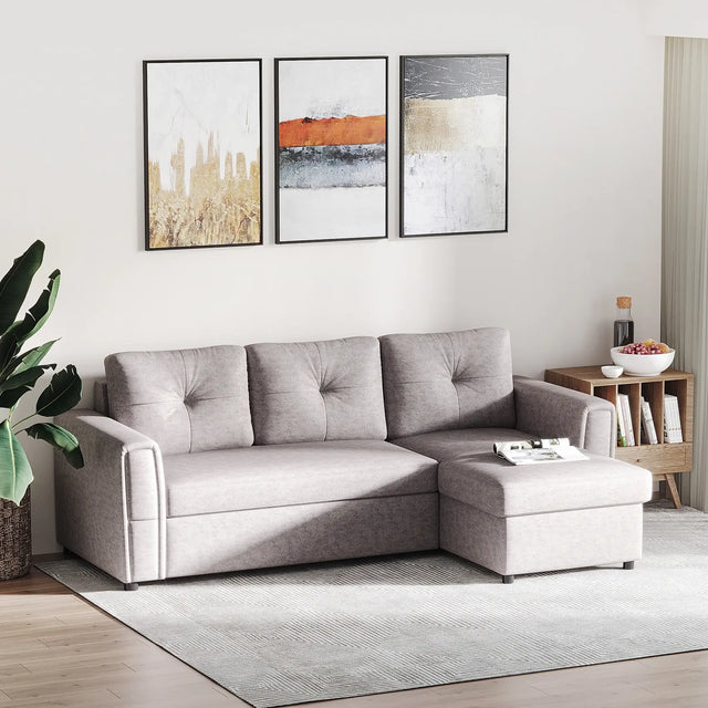 HOMCOM 3 Seater Sofa Bed, L Shaped Pull Out Sofa Bed with Storage, Convertible Click Clack Settee Sectional Sleeper Futon for Living Room, Office, Light Grey