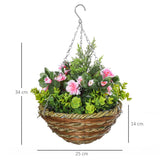 Outsunny Pack of 2 Faux Plant Artificial Lisianthus Flowers Hanging Planter with Basket for Indoor Outdoor Decoration, Pink