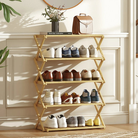 HOMCOM Five-Tier Folding Bamboo Shoe Rack - Natural Finish