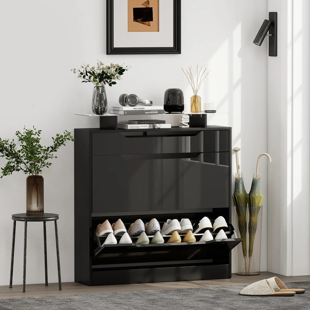 HOMCOM Shoe Storage Cabinet with Slide Out Drawer, 2 Flip Doors, Tempered Glass Top - Black