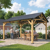Outsunny 3.5 x 4 m Hardtop Gazebo Canopy with Galvanised Metal Roof, Fir Wood Frame and Hook for Patio, Garden, Black Grey