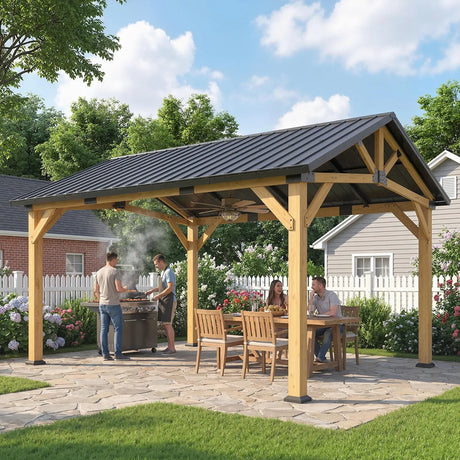 Outsunny 3.5 x 4 m Hardtop Gazebo Canopy with Galvanised Metal Roof, Fir Wood Frame and Hook for Patio, Garden, Black Grey