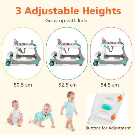 2-in-1 Foldable Baby Walker with Adjustable Height and Speed-Light Grey