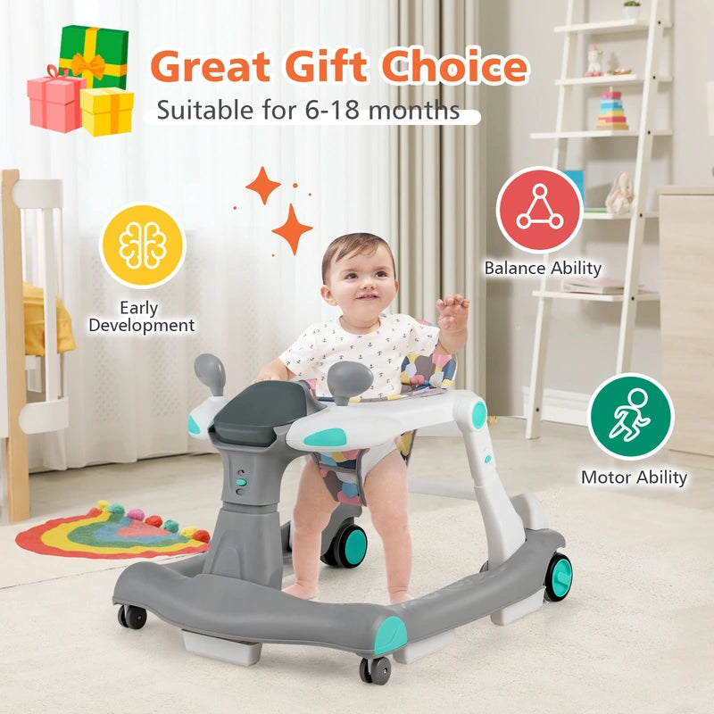 2-in-1 Foldable Baby Walker with Adjustable Height and Speed-Light Grey