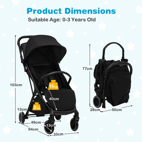 Lightweight Baby Stroller with Aluminum Frame and Detachable Seat Cover-Black