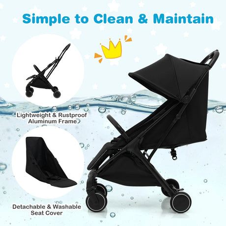 Lightweight Baby Stroller with Aluminum Frame and Detachable Seat Cover-Black