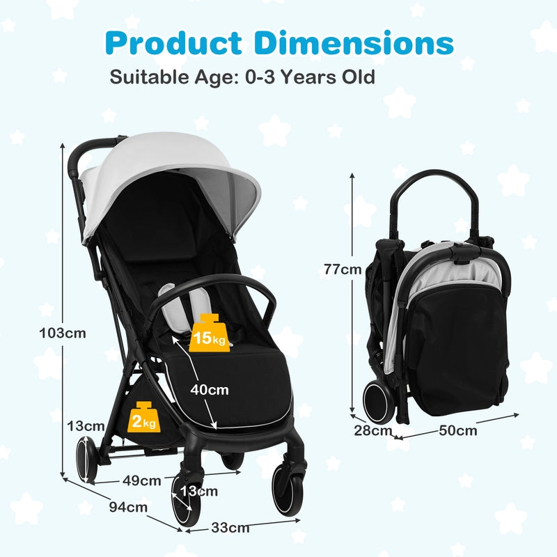 Lightweight Baby Stroller with Aluminum Frame and Detachable Seat Cover-Grey