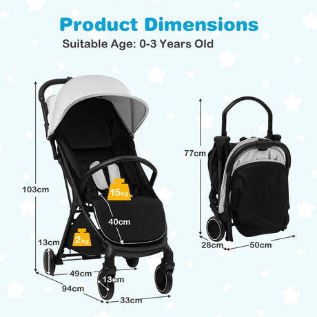 Lightweight Baby Stroller with Aluminum Frame and Detachable Seat Cover-Grey