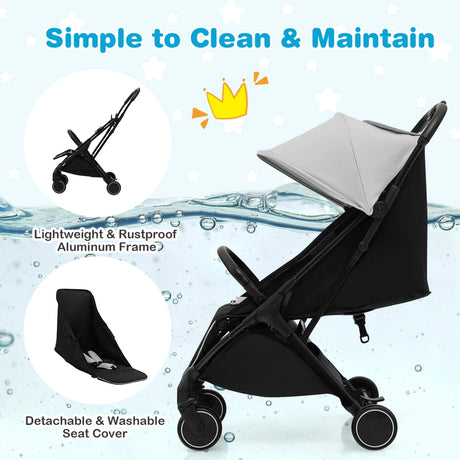 Lightweight Baby Stroller with Aluminum Frame and Detachable Seat Cover-Grey