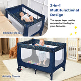 2-in-1 Foldable Baby Playpen with Lockable Wheels and Mattress-Blue