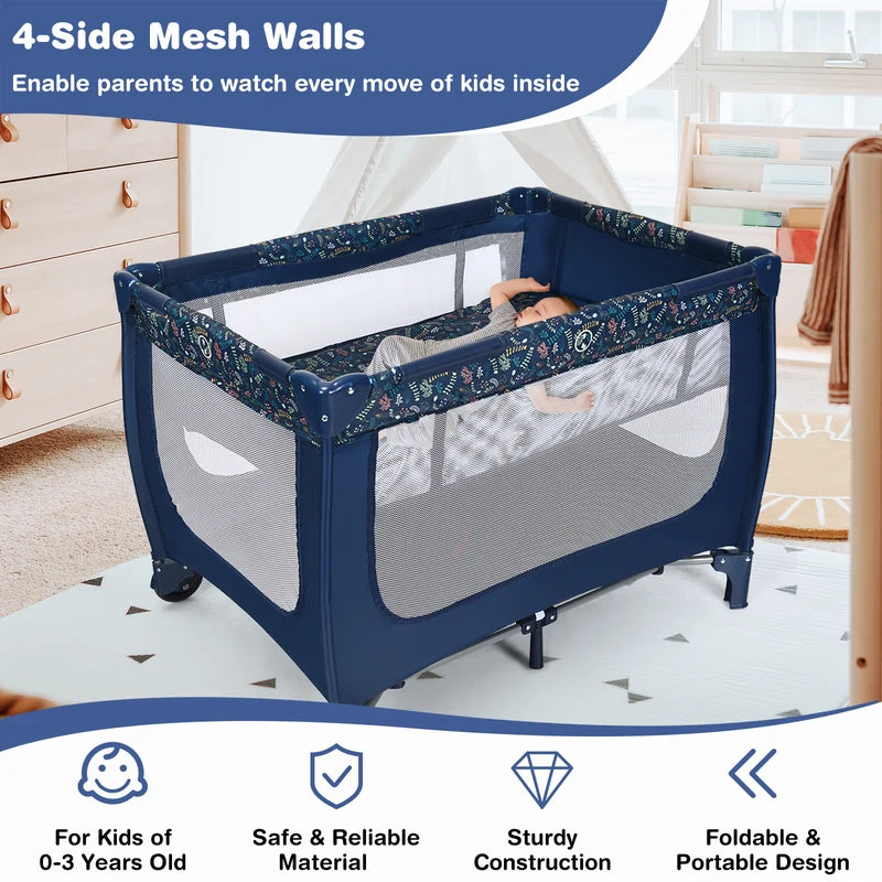 2-in-1 Foldable Baby Playpen with Lockable Wheels and Mattress-Blue