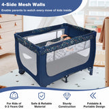 2-in-1 Foldable Baby Playpen with Lockable Wheels and Mattress-Blue