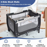 2-in-1 Foldable Baby Playpen with Lockable Wheels and Mattress-Grey