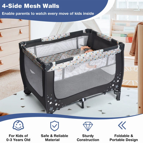 2-in-1 Foldable Baby Playpen with Lockable Wheels and Mattress-Grey