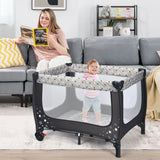 2-in-1 Foldable Baby Playpen with Lockable Wheels and Mattress-Grey