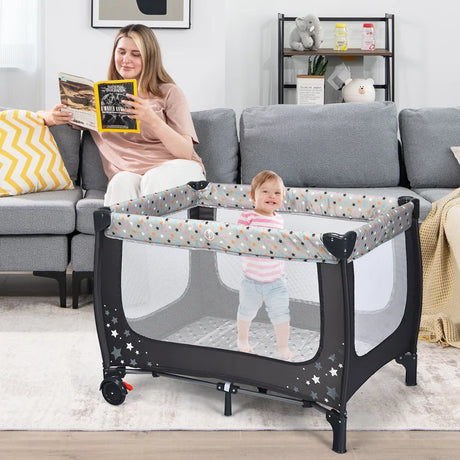 2-in-1 Foldable Baby Playpen with Lockable Wheels and Mattress-Grey