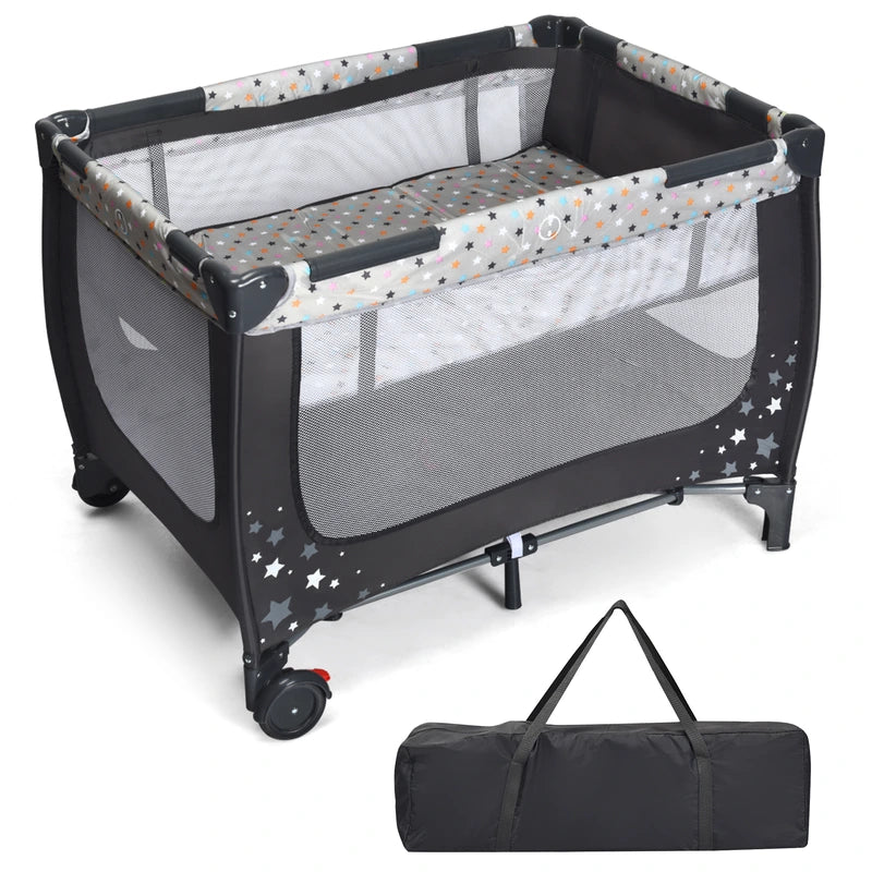 2-in-1 Foldable Baby Playpen with Lockable Wheels and Mattress-Grey
