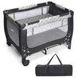 2-in-1 Foldable Baby Playpen with Lockable Wheels and Mattress-Grey